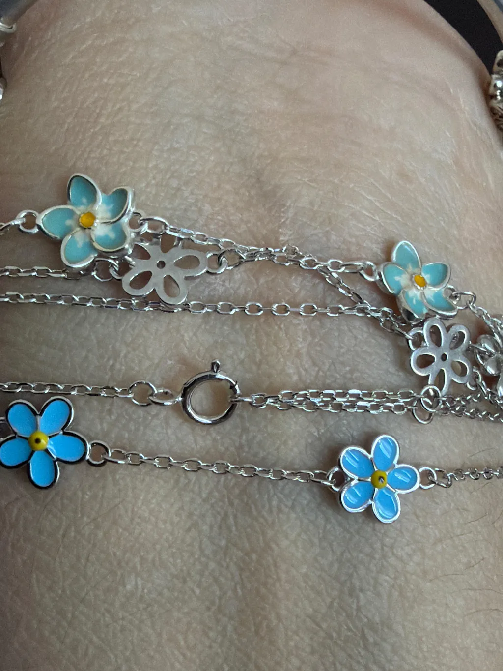 Enamel Forget Me Not Flower Trio Charm Bracelet