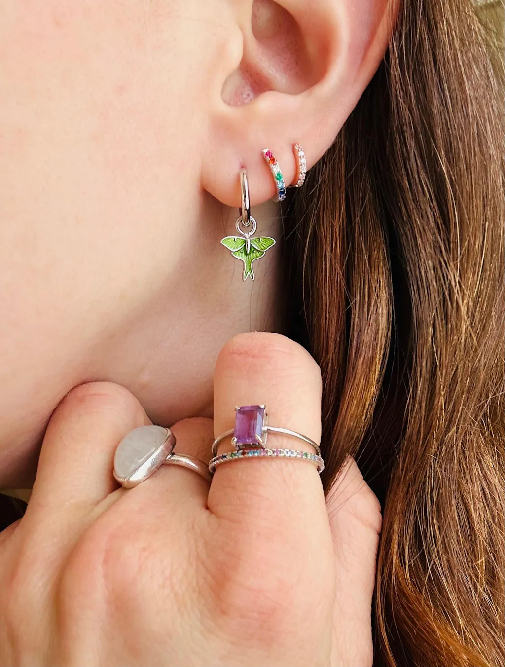 Lunar Moth Enamel Huggie Hoop Earrings in Sterling Silver, Green Enamel Butterfly Earrings, Insect Earrings, Nature-Inspired Animal Earrings
