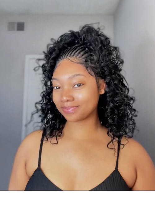 Pre-Bleached Cornrow Braids Wig With Deep Curly Human Hair 13x6 HD Frontal Lace Glueless Wig T3 / H3 Natural Black