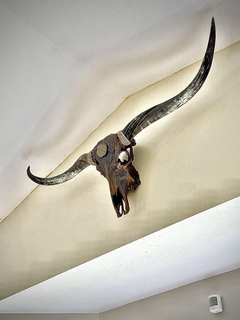 Hand Carved Longhorn Skull - Antique Bronze Nordic Compass