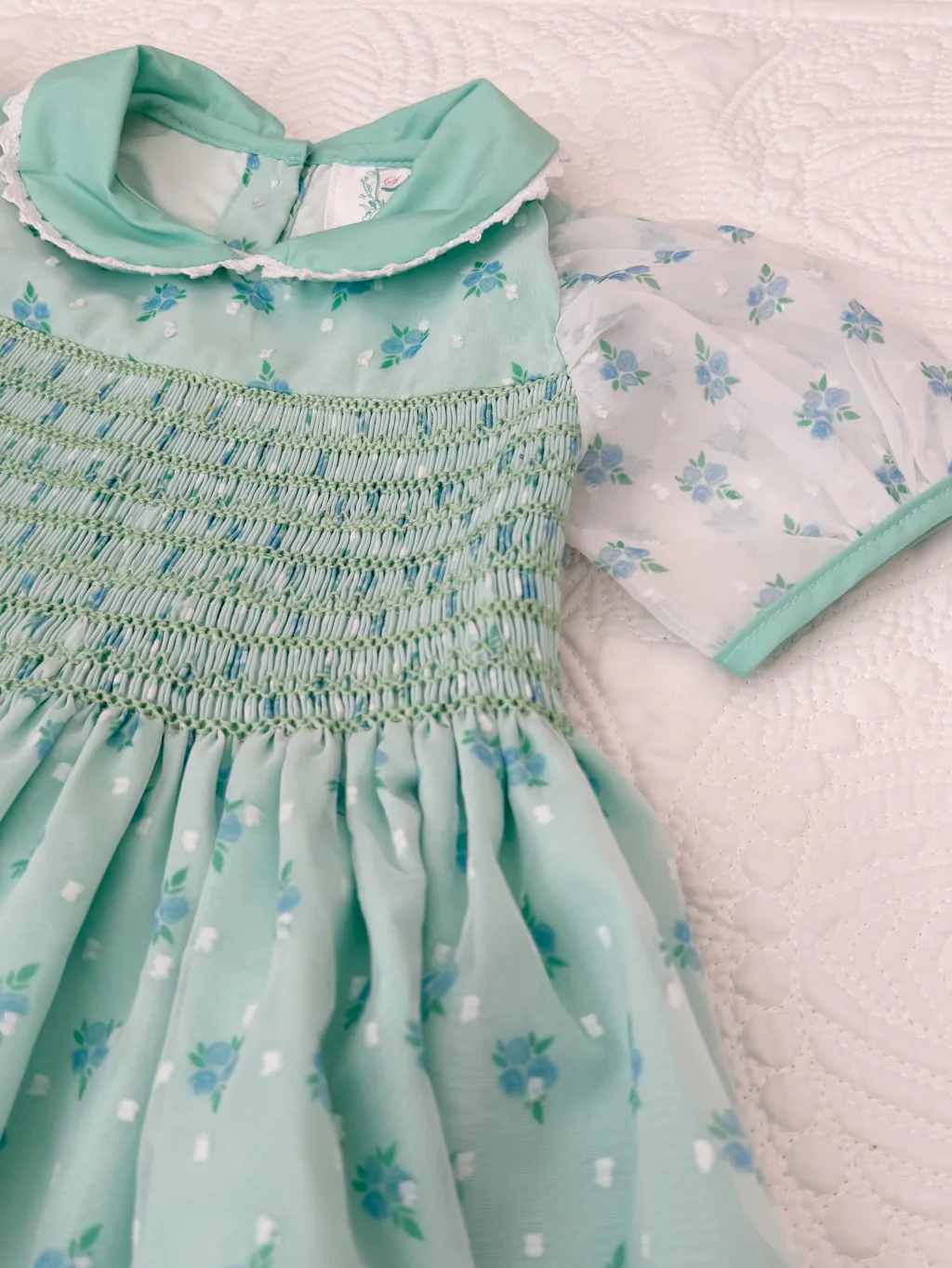 Hand-Smocked Mint Swiss Dot Dress | Smocked Peacock