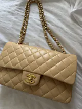 Chanel Medium Classic Double Flap Beige Lambskin Gold Hardware