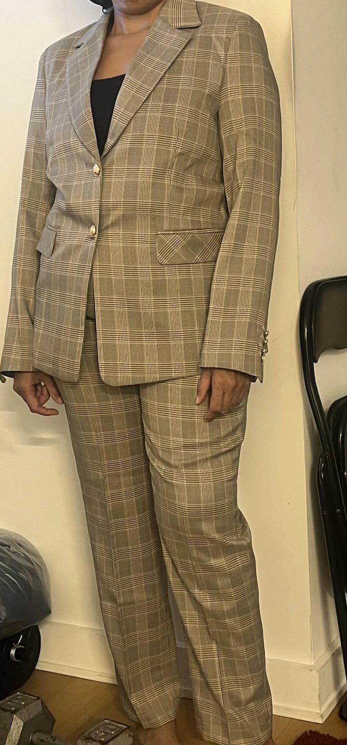 SoloveDress Women's Suit 2 Piece Fashionable Casual Plaid Jacket (Blazer+Pants)