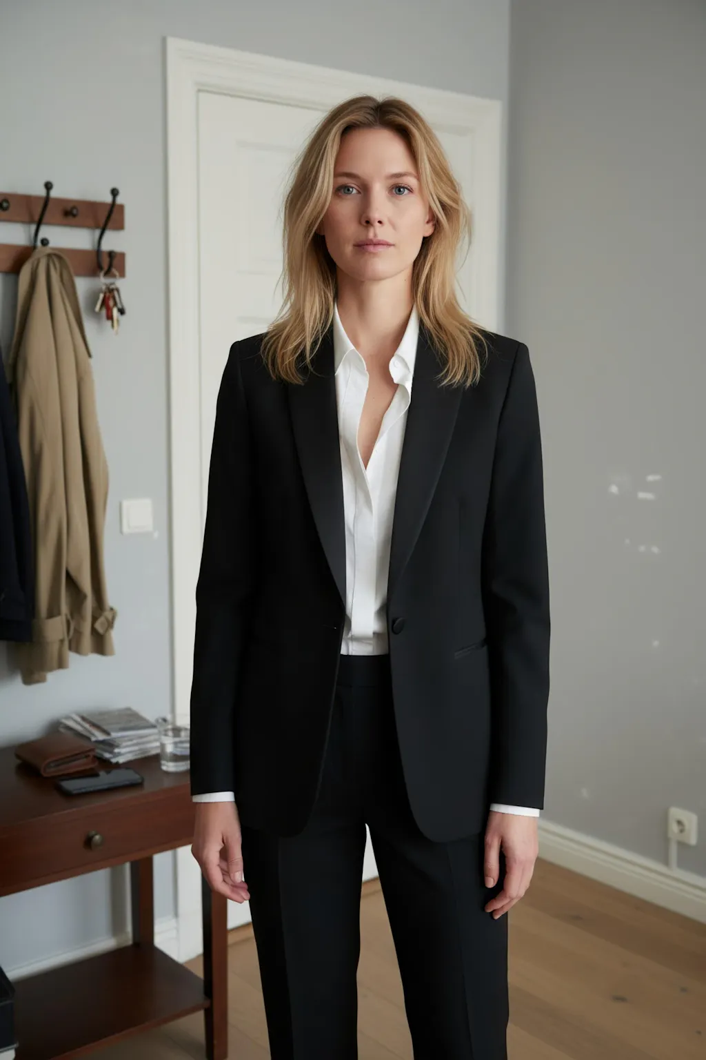 SoloveDress Women's 2 Piece Solid Satin Peak Lapel Tuxedo (Blazer+Pants)