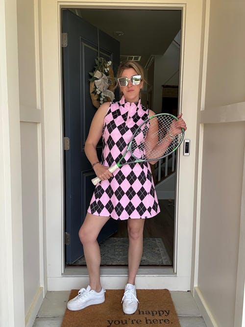 Pink Checkerboard 33" Quarter-zip Sleeveless Dress with Shorts and Pockets