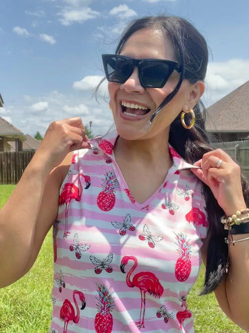 Pink Flamingo V-neck Sleeveless Polo Shirt For Women