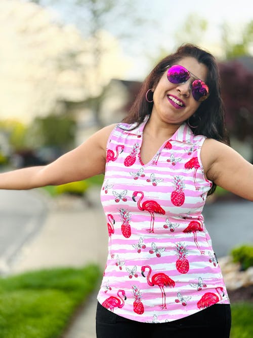Pink Flamingo V-neck Sleeveless Polo Shirt For Women