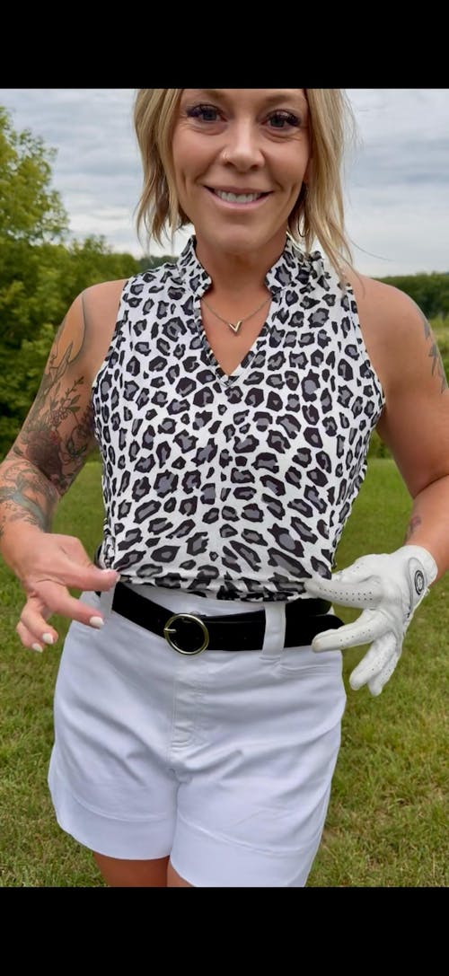 Black and Gray Leopard Print V-neck Racerback Sleeveless Golf Shirt