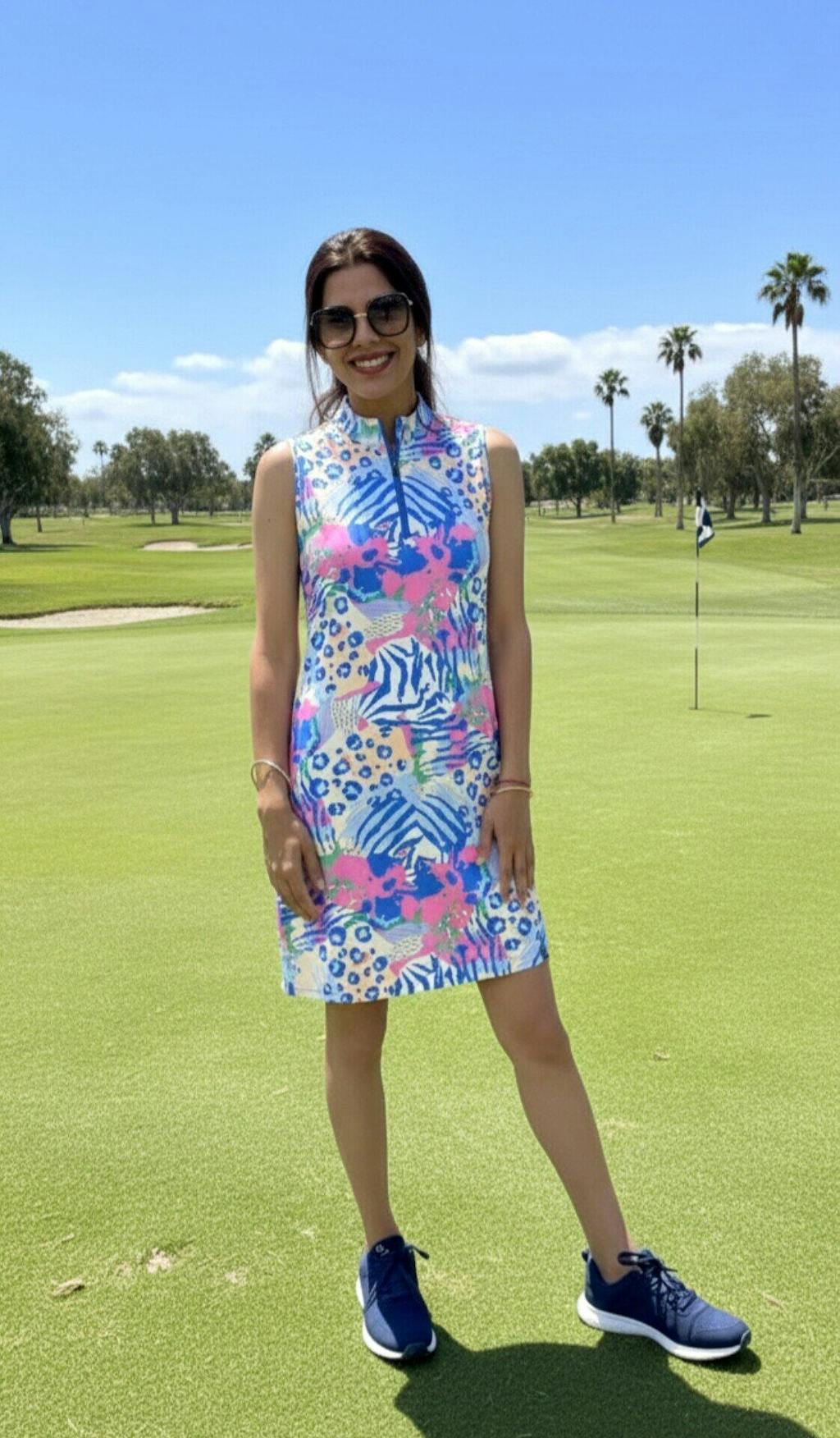 Tropcial Leopard Print 345" Stand-collar Sleeveless Dress with Shorts