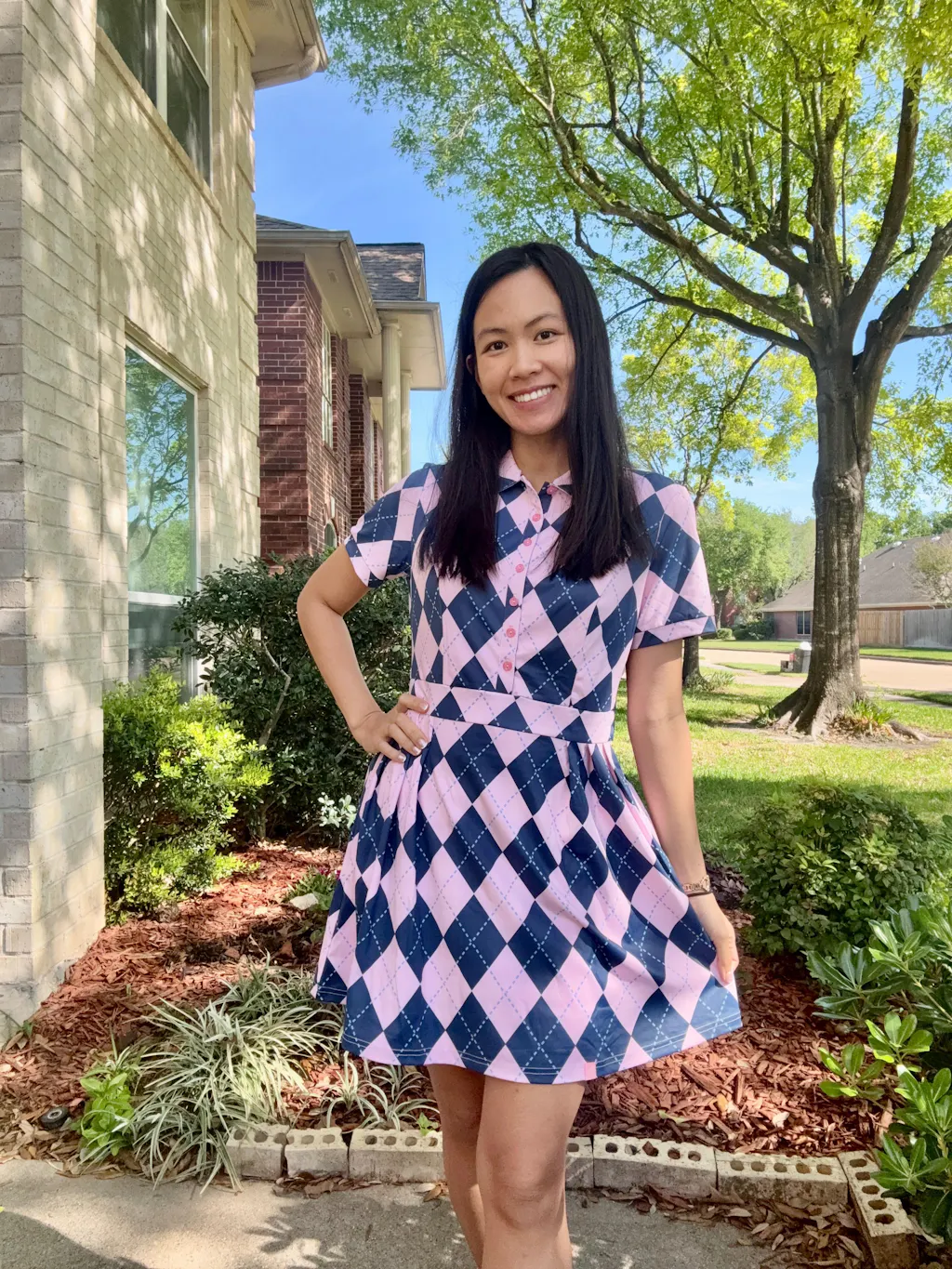 Pink Checkerboard 34" Button-placket Short-sleeve Dress with Shorts