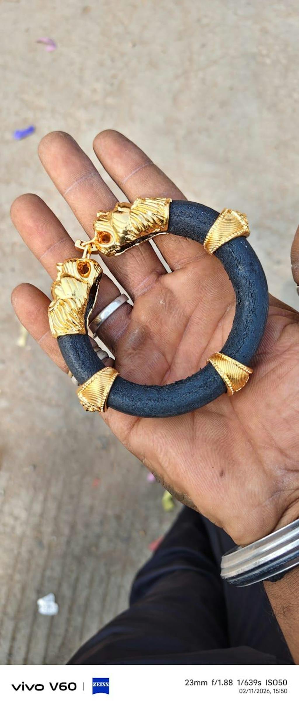 Lion Face - Brilliant Design Black Leather Genda Kada Gold Plated - Style A033