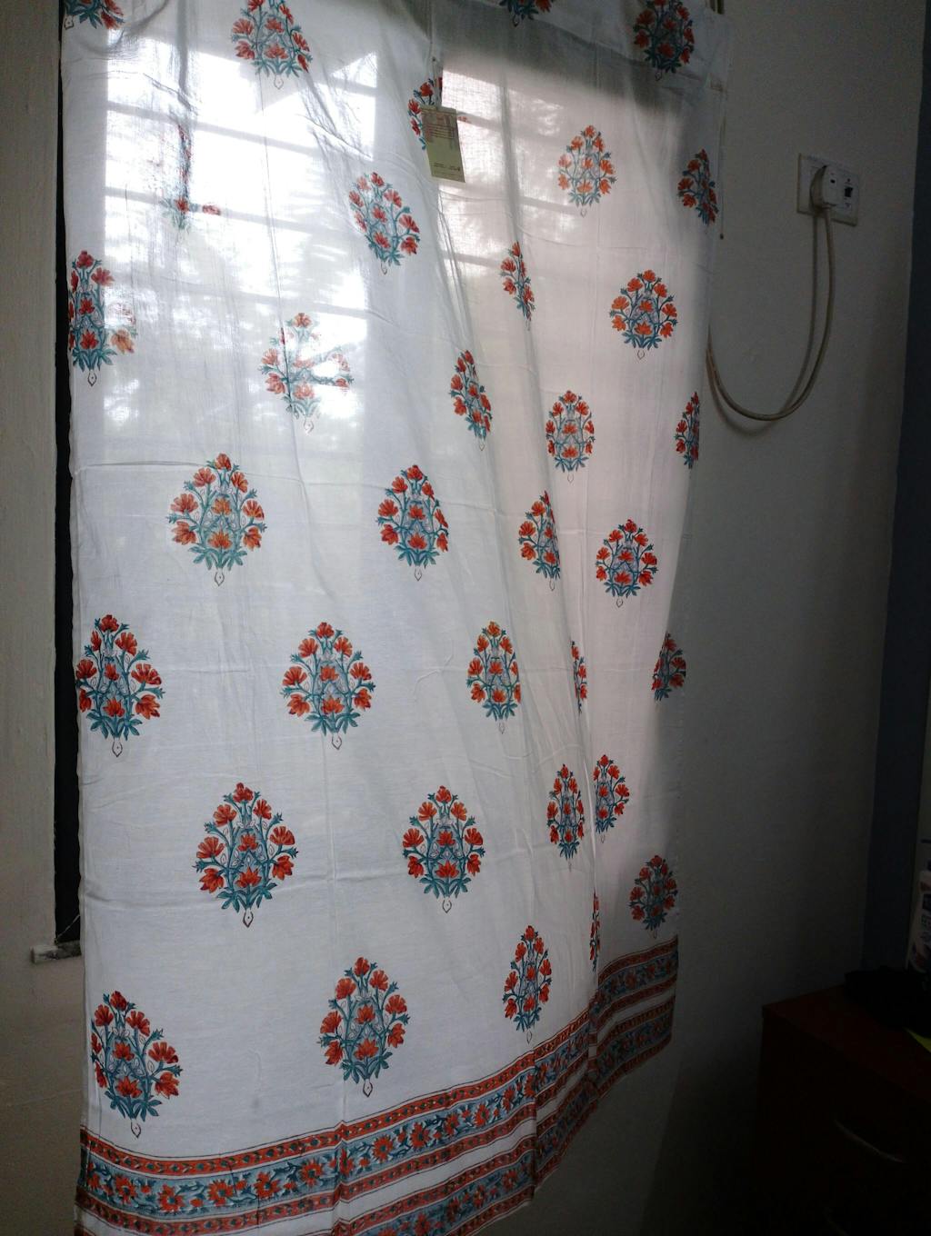 SootiSyahi 'Saffron Daisy' Handblock Printed Cotton Window Curtain