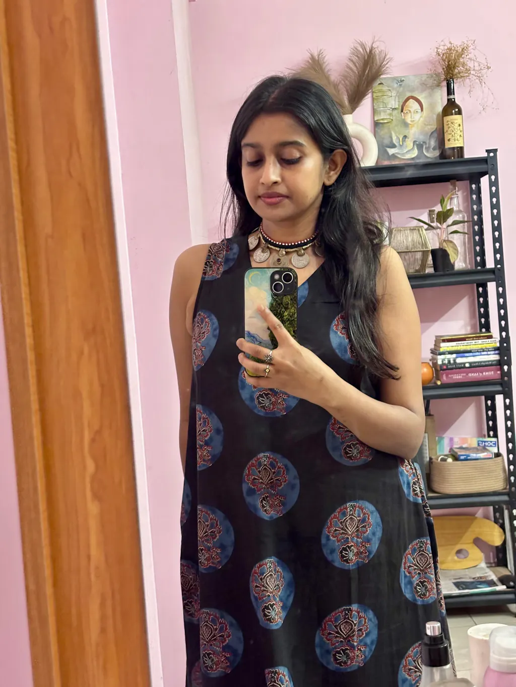 Black Printed Sleeveless V-Neck A-Line Cotton Dress