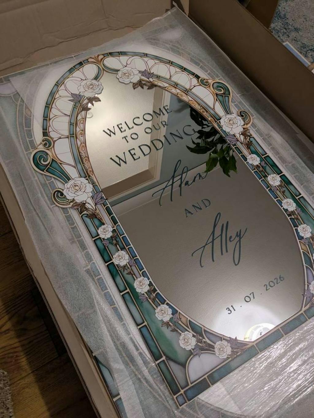 Sage Stained Glass Floral Wedding Sign, Frosted Cream Roses Wedding Welcome Sign