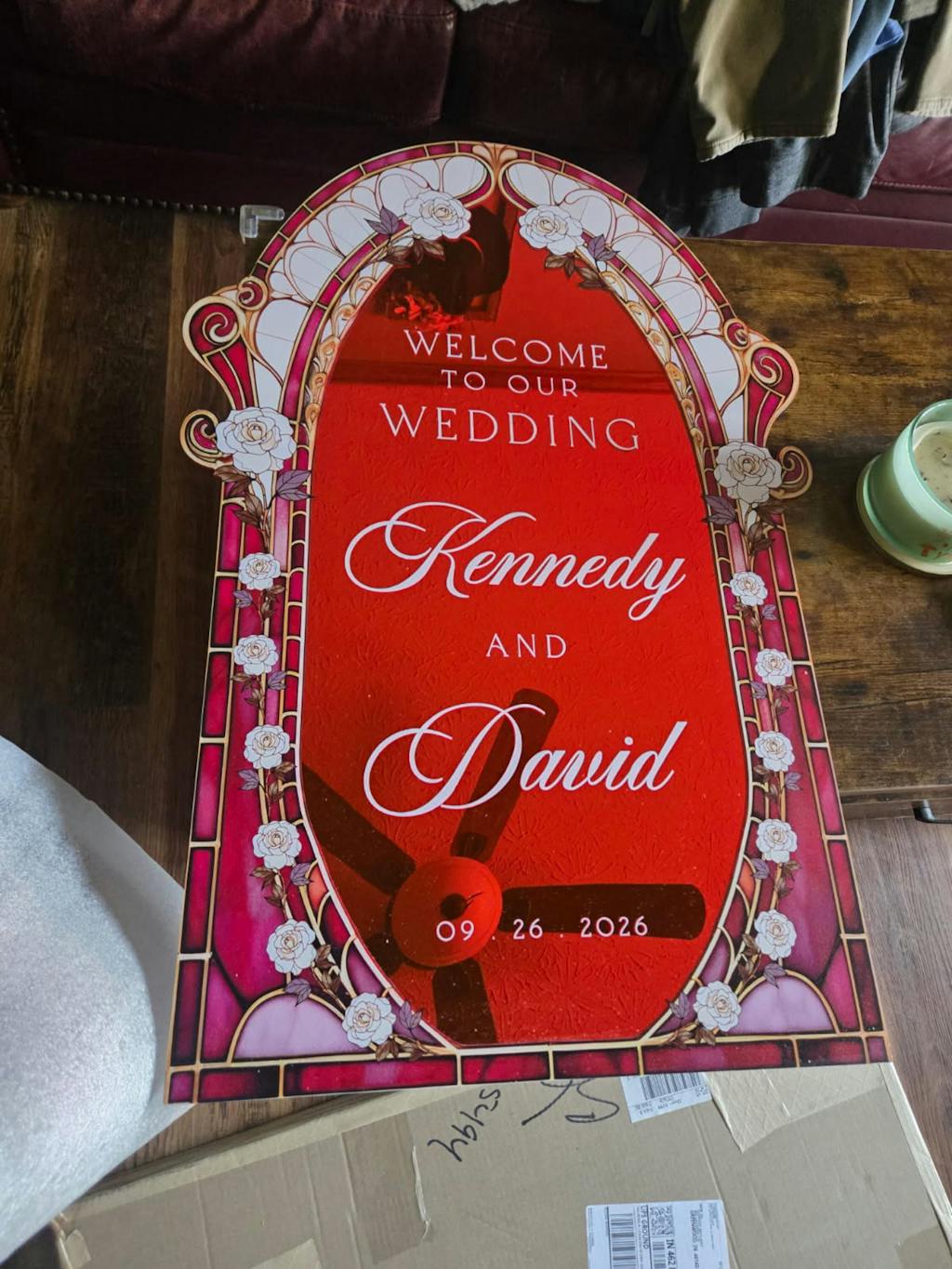 Burgundy Red Stained Glass Floral Wedding Sign, Cream Roses Frosted Wedding Welcome Sign