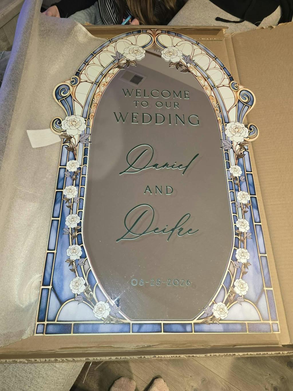 Stained Glass Wedding Sign, Roses Mirror Wedding Welcome Sign