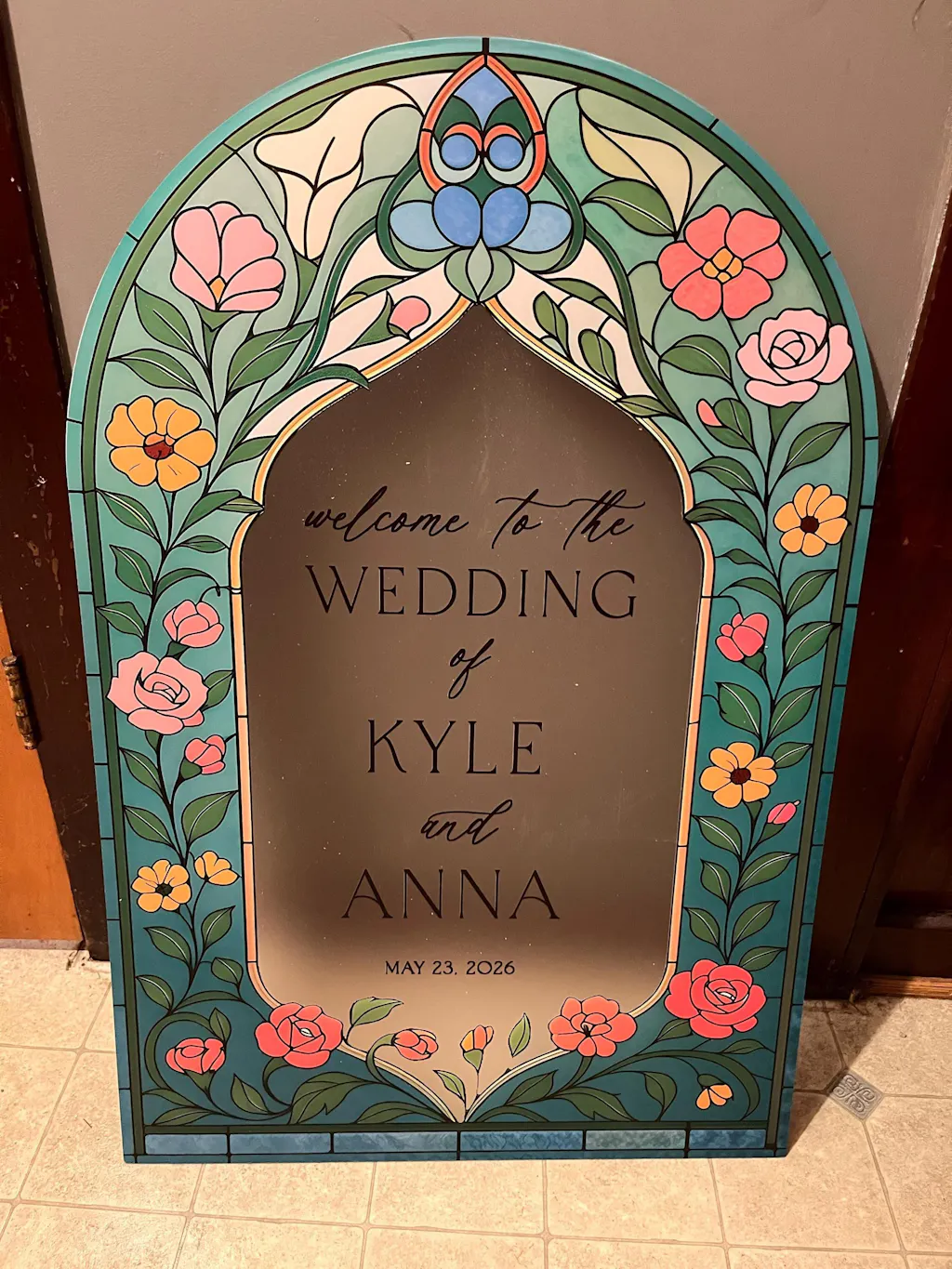 Stained Glass Wildflowers Wedding Sign, Floral Mirror Wedding Welcome Sign