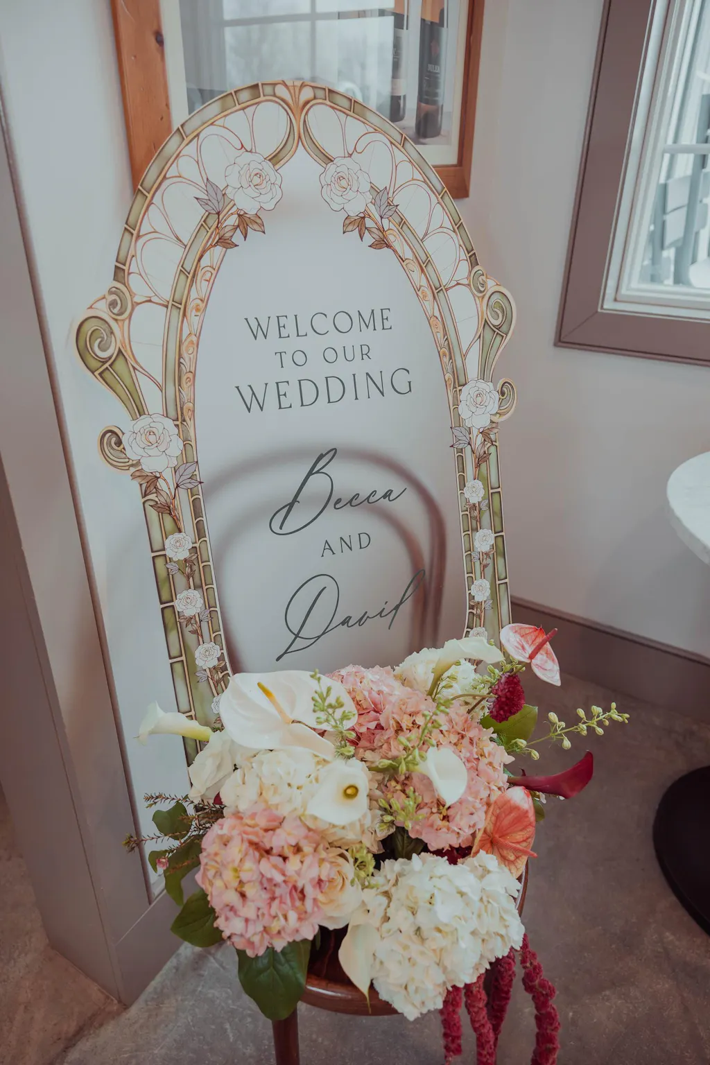 Sage Green Stained Glass Wedding Sign — White Rose Art Nouveau Arch
