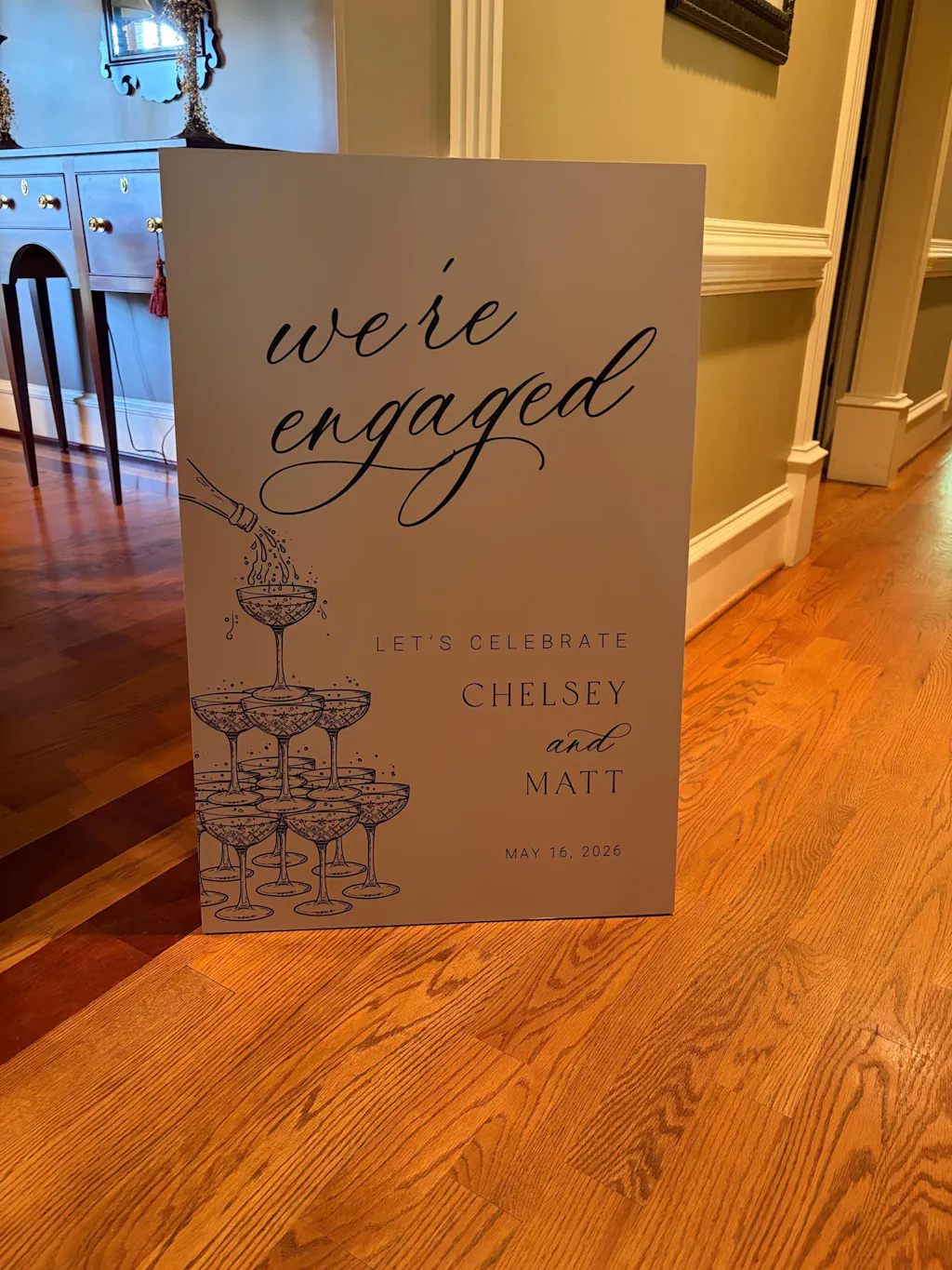 We're Engaged Party Sign — Champagne Tower Design on Acrylic