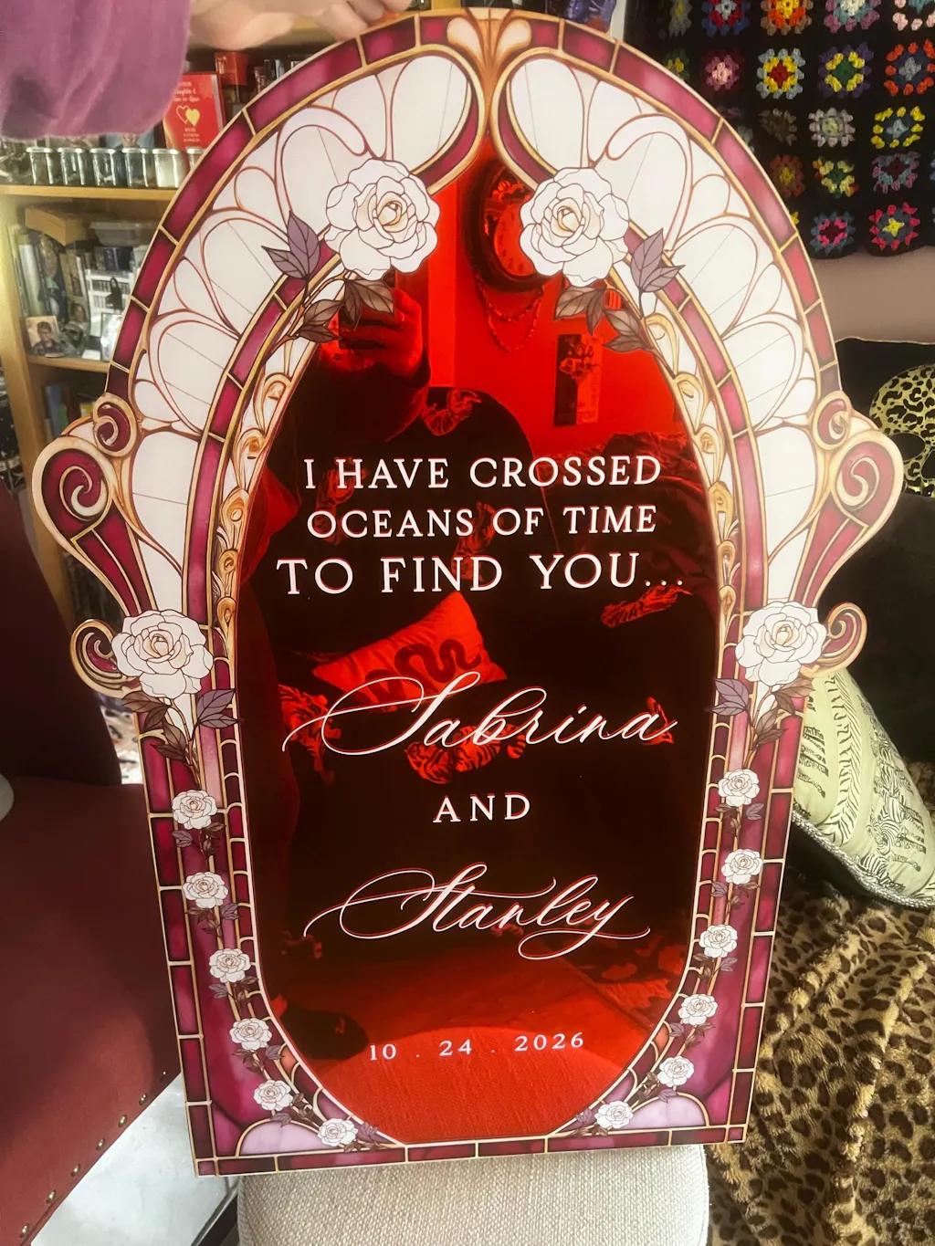 Burgundy Red Stained Glass Wedding Sign — White Rose Art Nouveau Arch