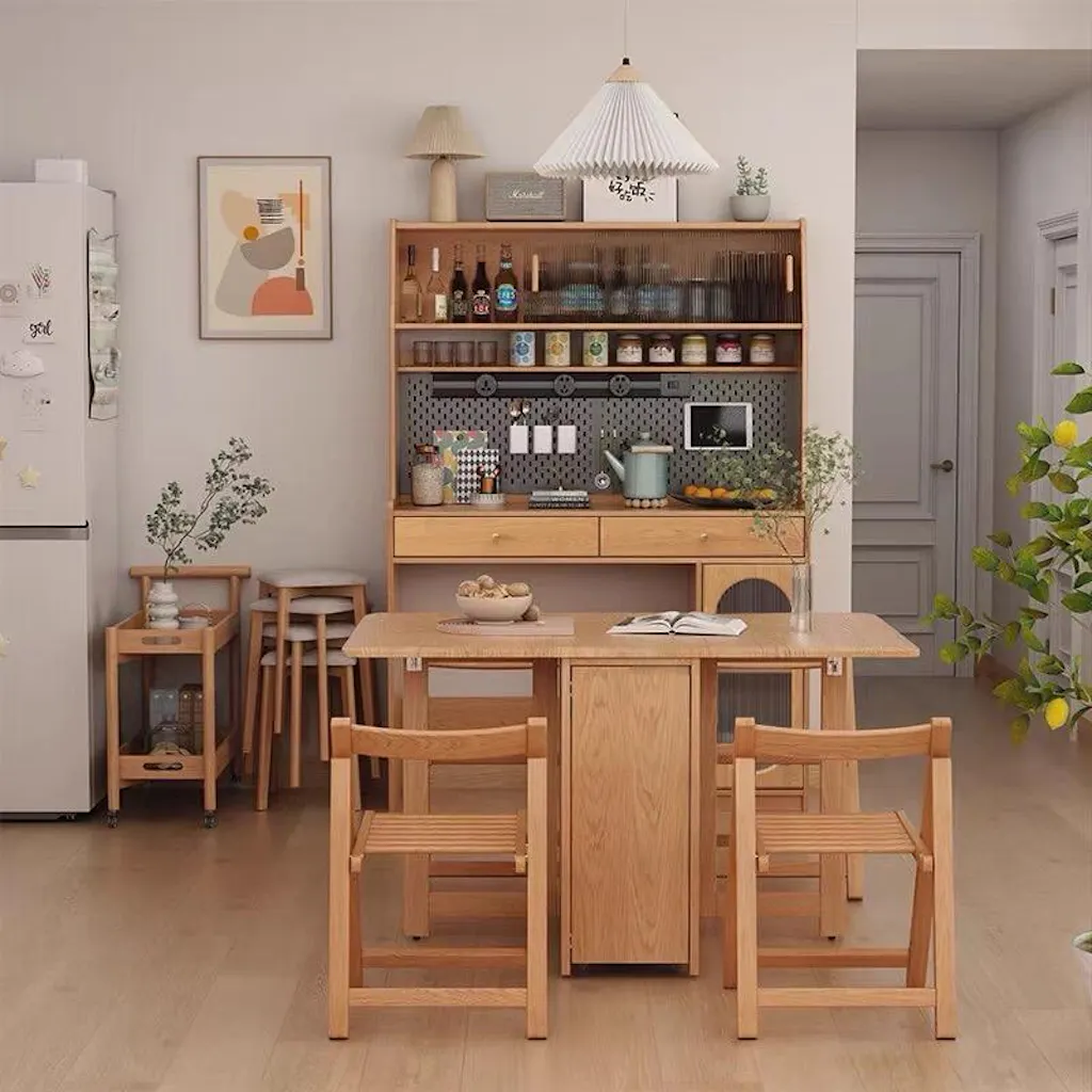 Kitchen Hutch Cabinet with Double Drop Leaf Dining Table and 4 Folding ...