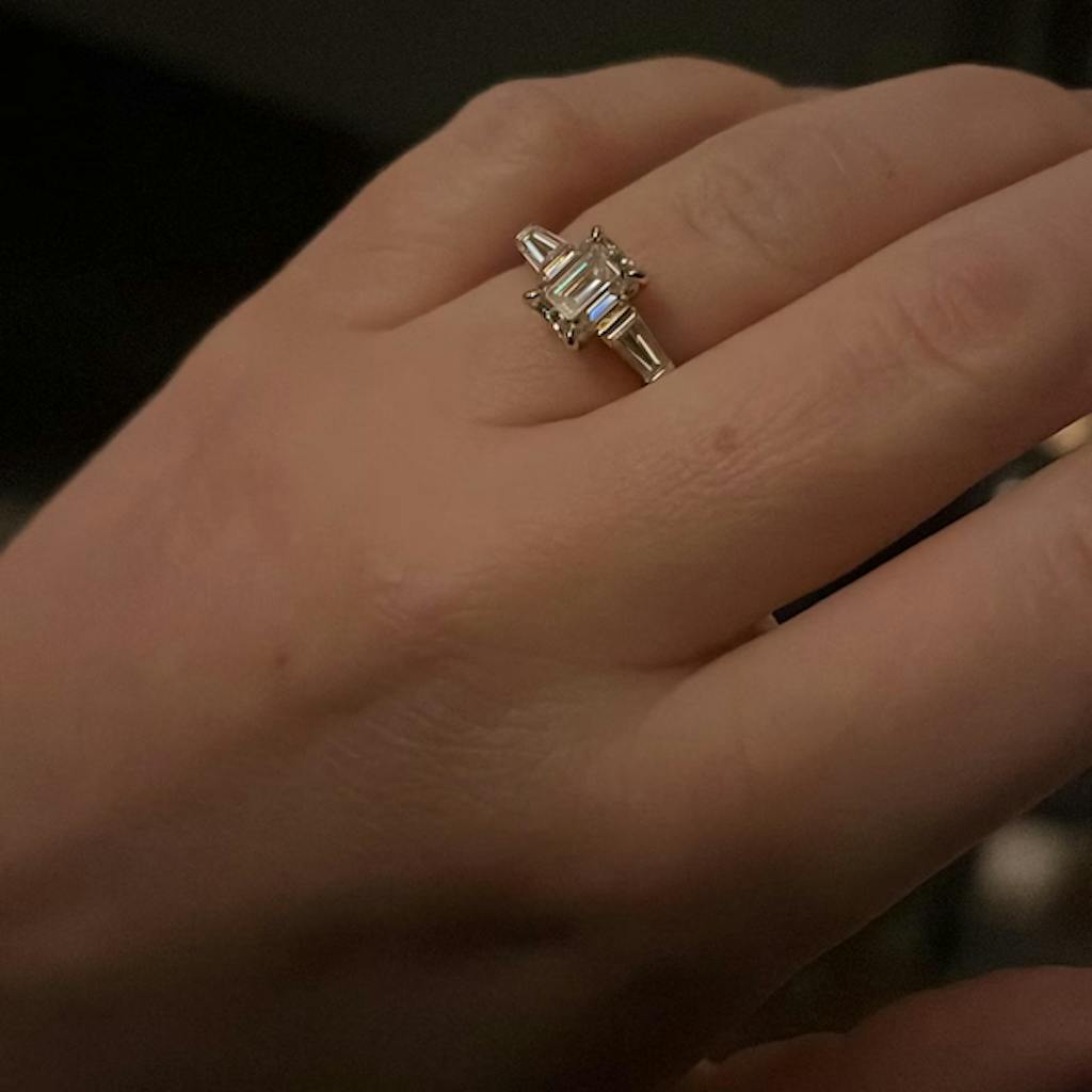 Three Stone Rapezoid Accent Emerald Cut Moissanite Engagement Ring