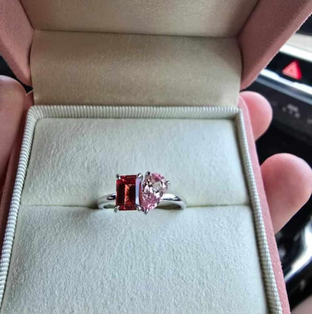 Solid Gold Toi et Moi Emerald Cut Orange Sapphire & Pear Cut Pink Sapphire Engagement Ring