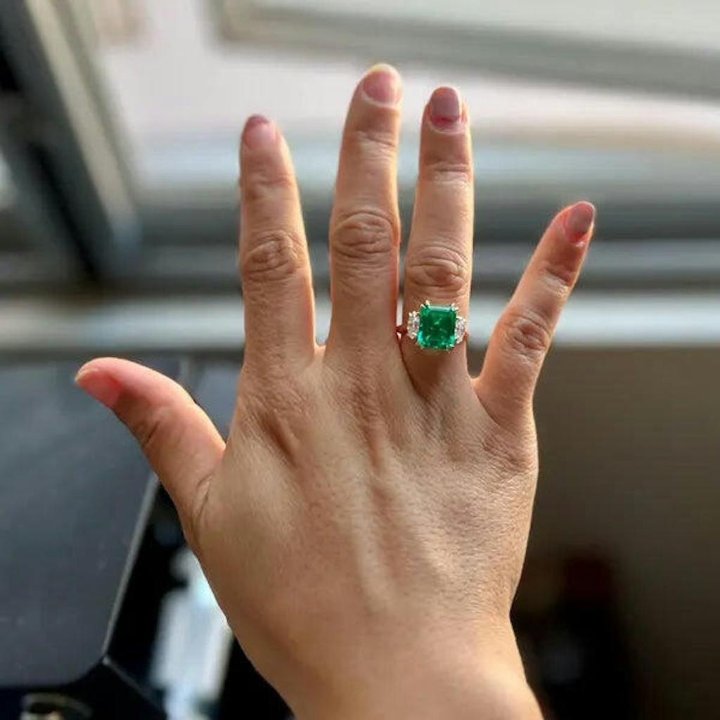 Solid Gold Three Stone Lab Grown Emerald Engagement Ring