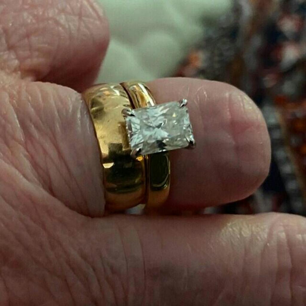 Two Tone Cathedral Hidden Halo Radiant Cut Moissanite Engagement Ring