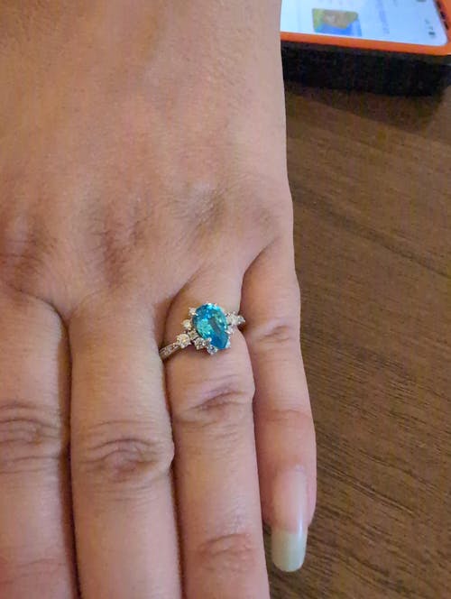The Bethany 2CT Pear Cut Blue Moissanite Halo Ring