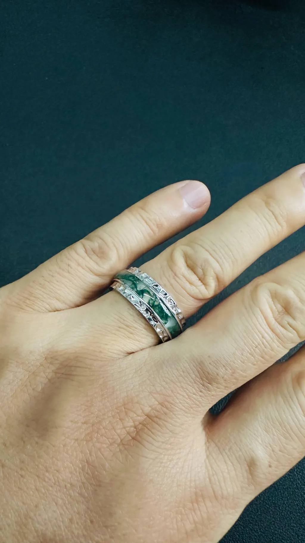 Bold Hammered Sterling Silver Moss Agate Statement Band Ring