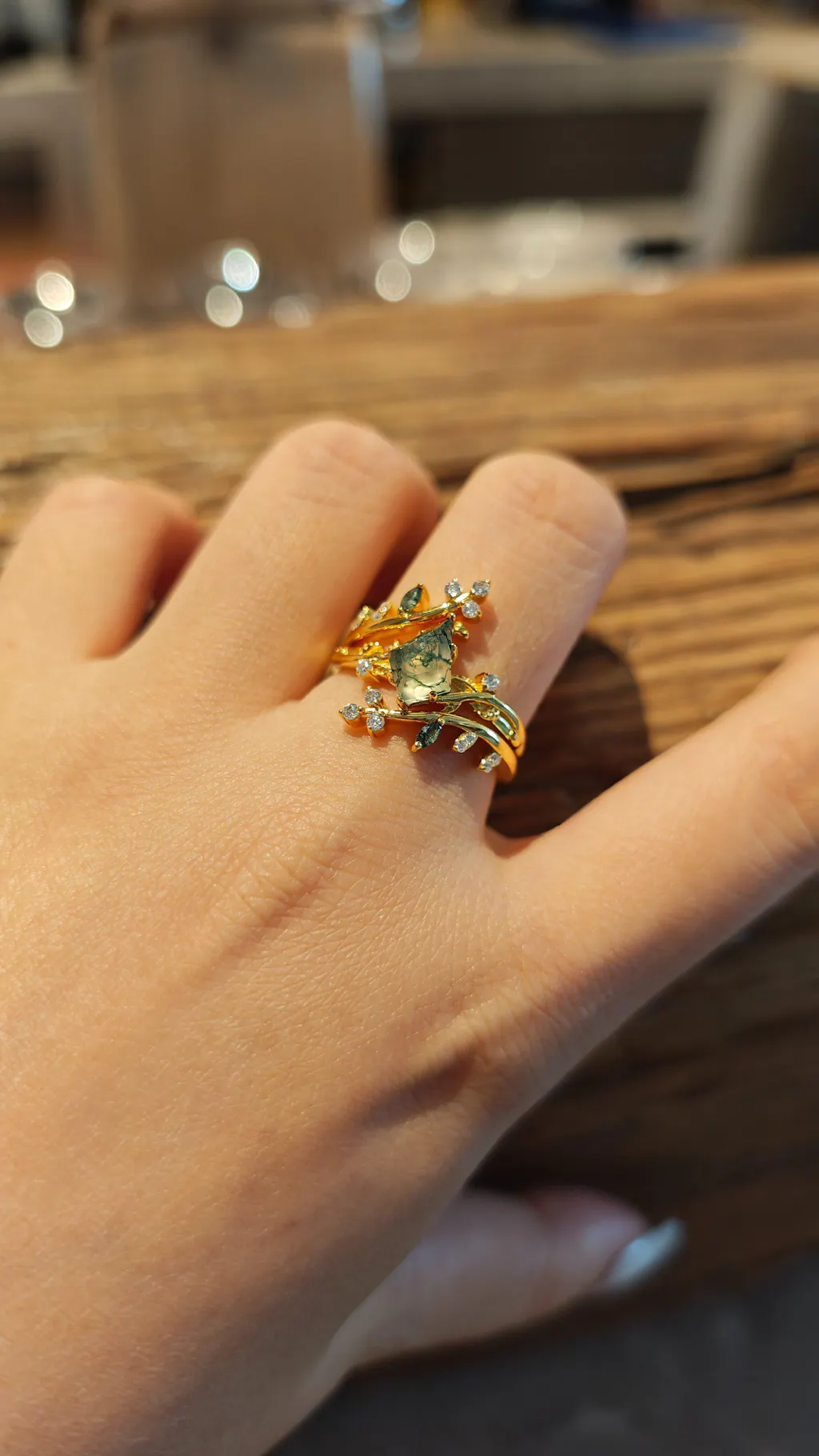 Knight Nature Inspired Kite Cut Moss Agate Cage Leafy Ring 2pcs