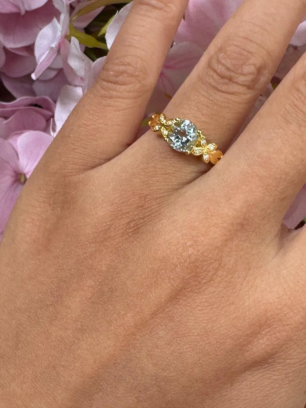 Marina’s Foliage | 1CT Round Blue Aquamarine Leafy Engagement Ring