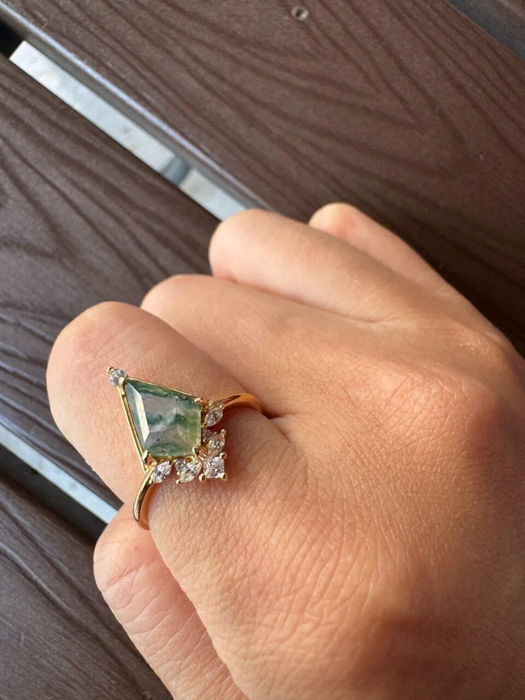 Unique Kite Cut Moss Agate Engagement Ring