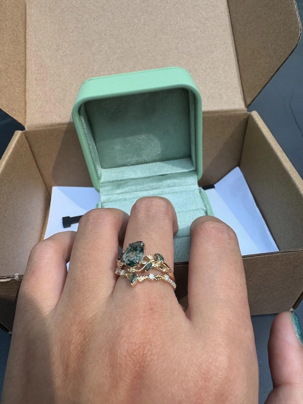 Daphne’s Vine | Oval Moss Agate Engagement Ring Set 2pcs