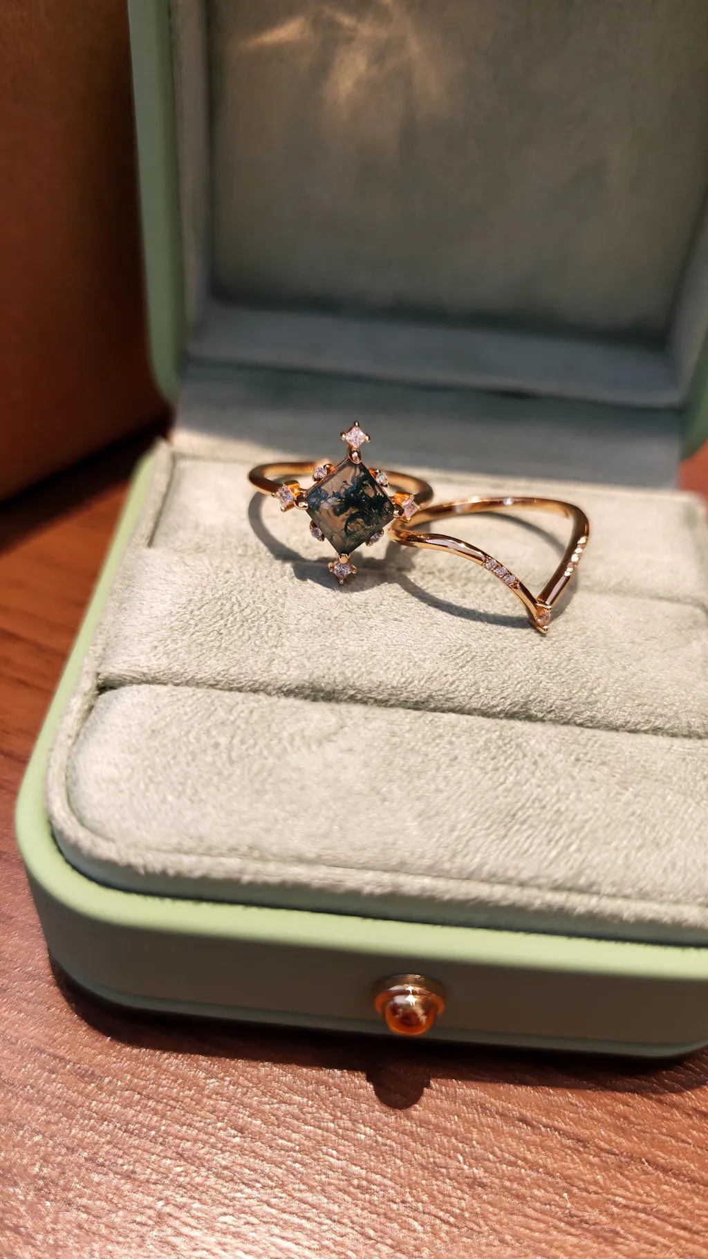 Nature Inspired Square Cut Moss Agate Promise Ring Set