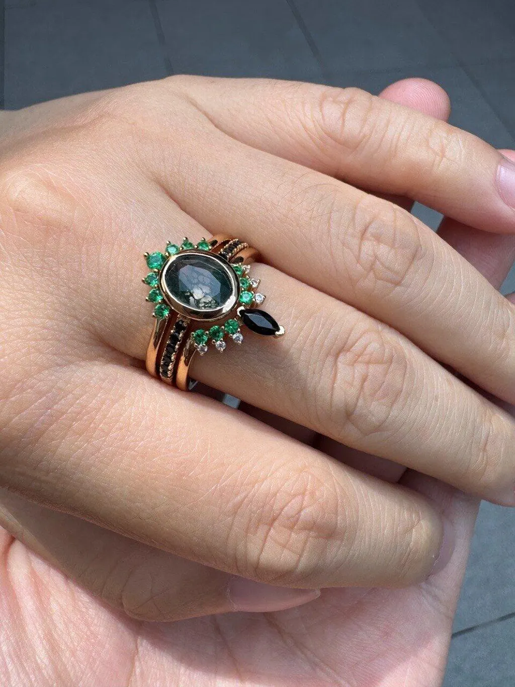 Unique Oval cut Moss Agate Leaf and Vine Promise Ring Set 3pcs