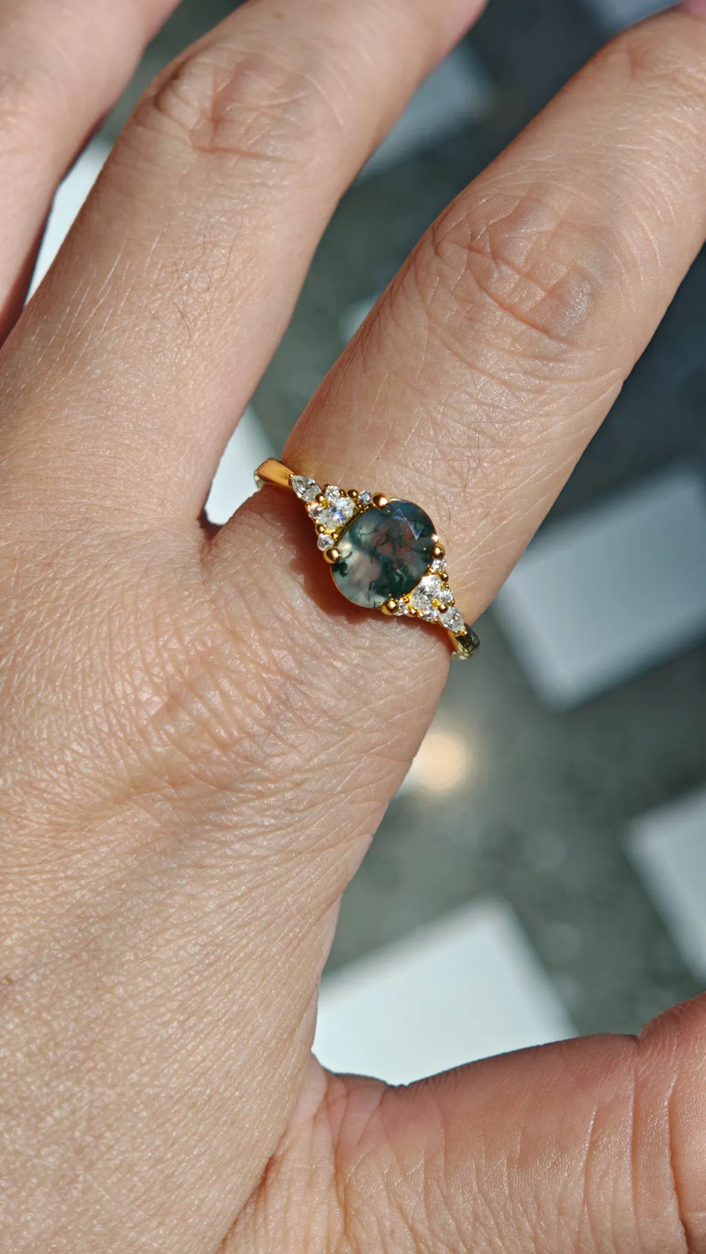 Sylvie’s Dew | Classic Oval Moss Agate Engagement Ring with Diamond Accents