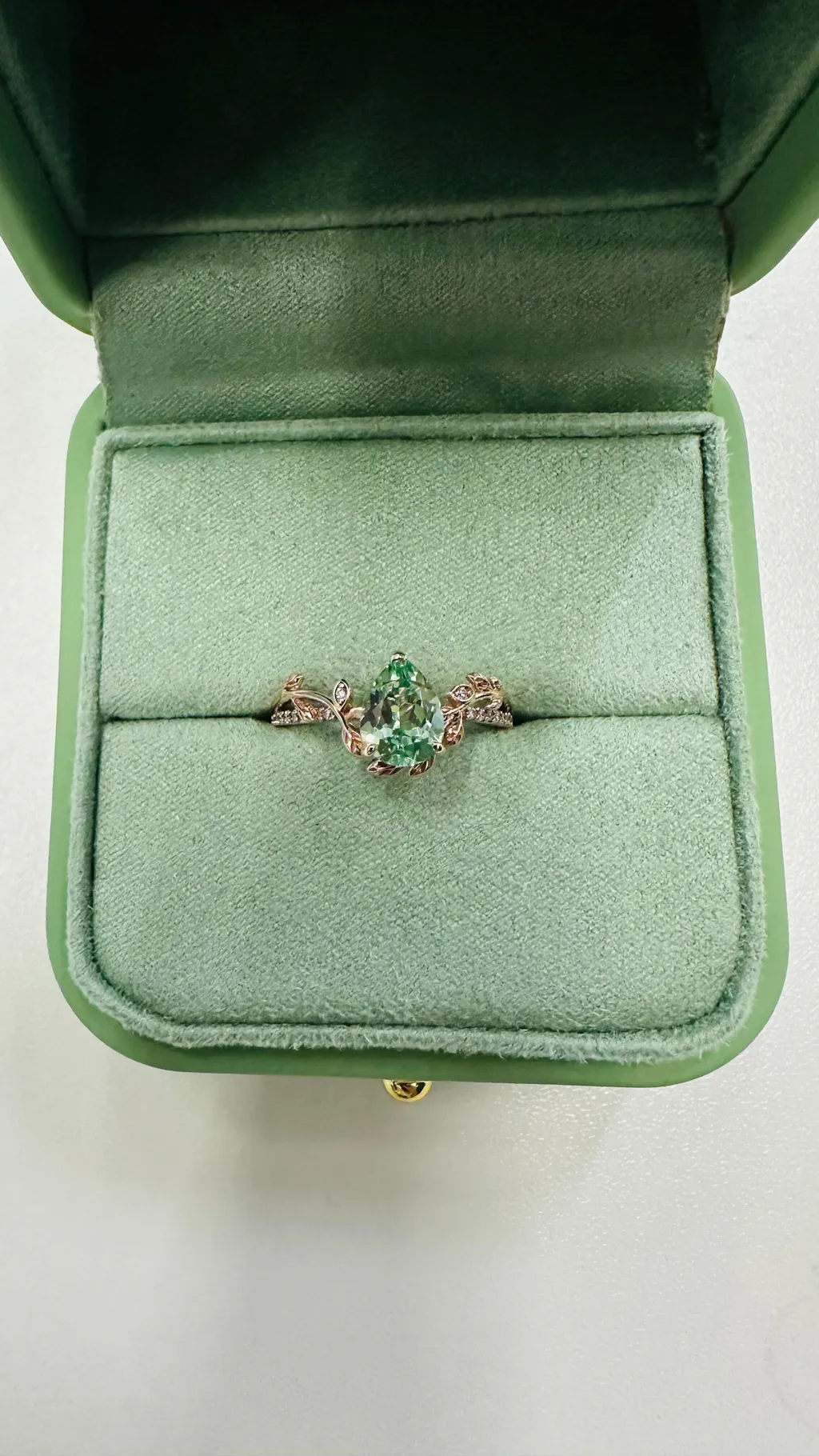 Eleanor’s Vine | Vintage Pear Moss Agate Leafy Engagement Ring