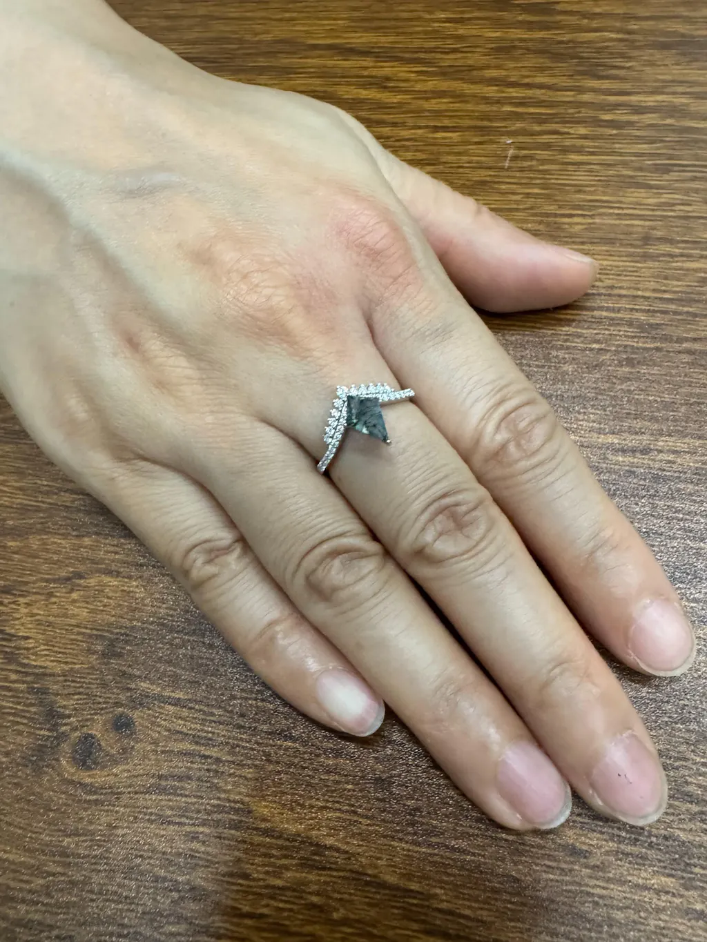 Celestine’s Chevron | Kite Cut Moss Agate Cluster Engagement Ring with V‑Shaped Diamond Band