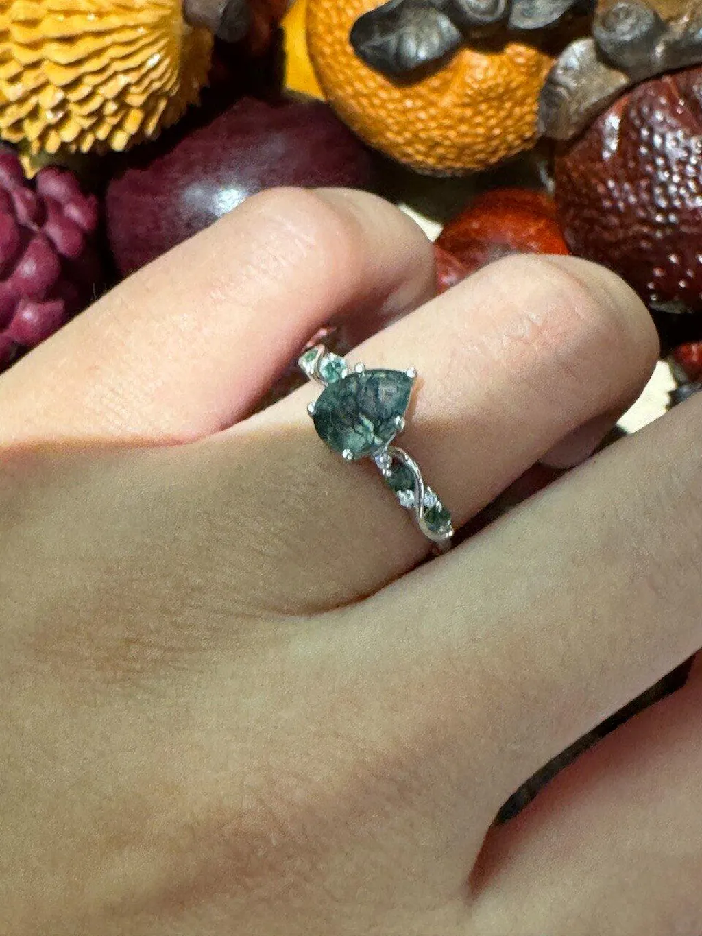 Flora’s Sprig | Pear Cut Moss Agate Engagement Ring
