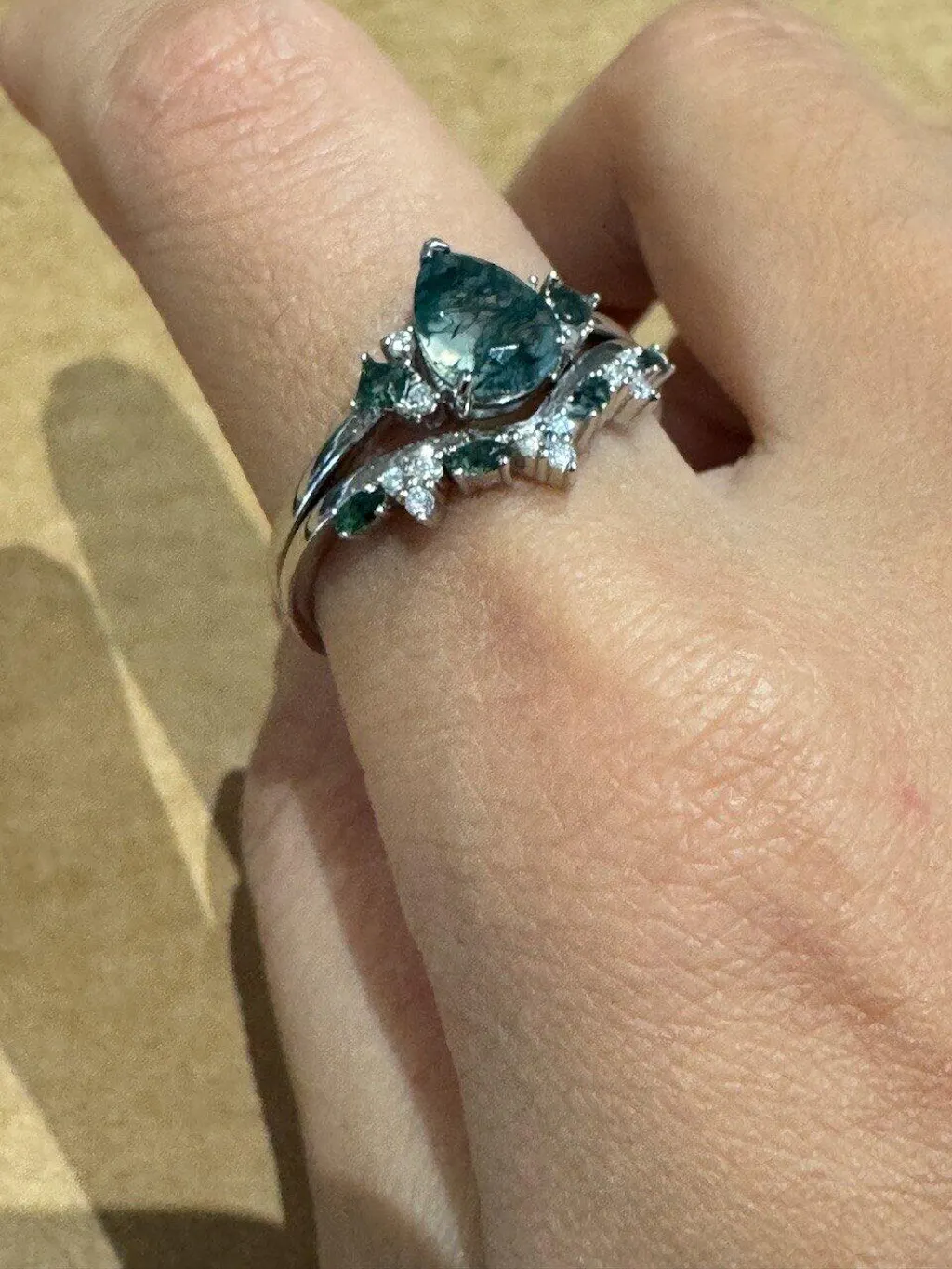 Sylvie’s Vine | Pear Cut Moss Agate Engagement Ring Set 2pcs