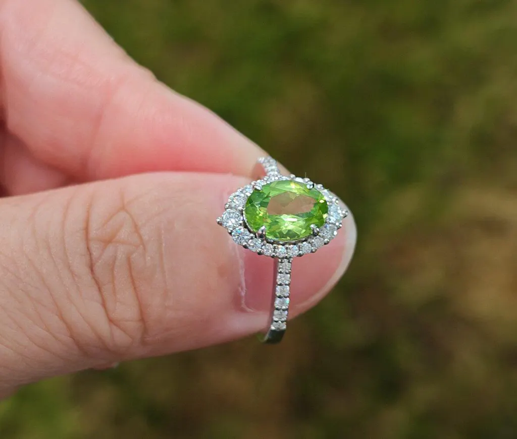 Sylvie’s Dew | Oval Moss Agate Engagement Ring with Diamond Halo & Band Accents