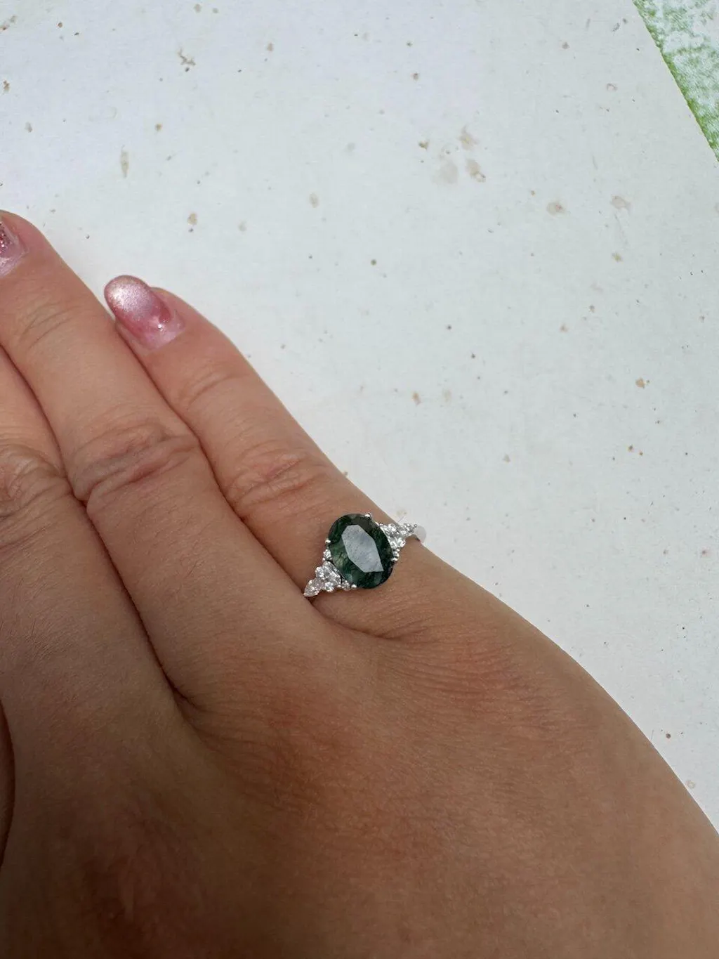 Sylvie’s Dew | Classic Oval Moss Agate Engagement Ring with Diamond Accents