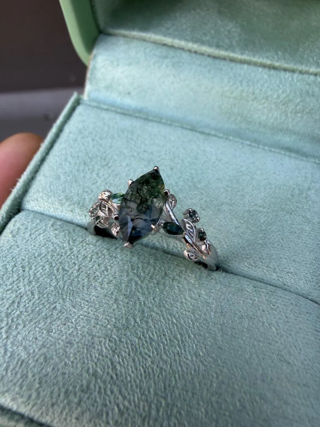 Celandine’s Twine | Marquise Moss Agate Leafy Twist Engagement Ring