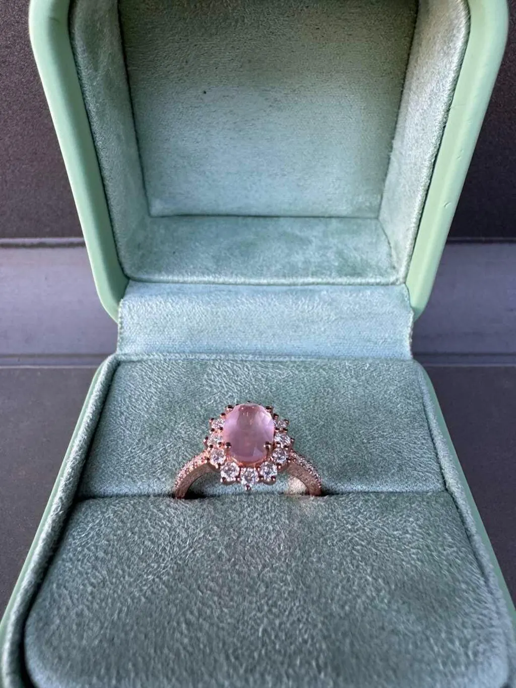 Rosalind’s Blush | Rose Quartz Halo Engagement Ring