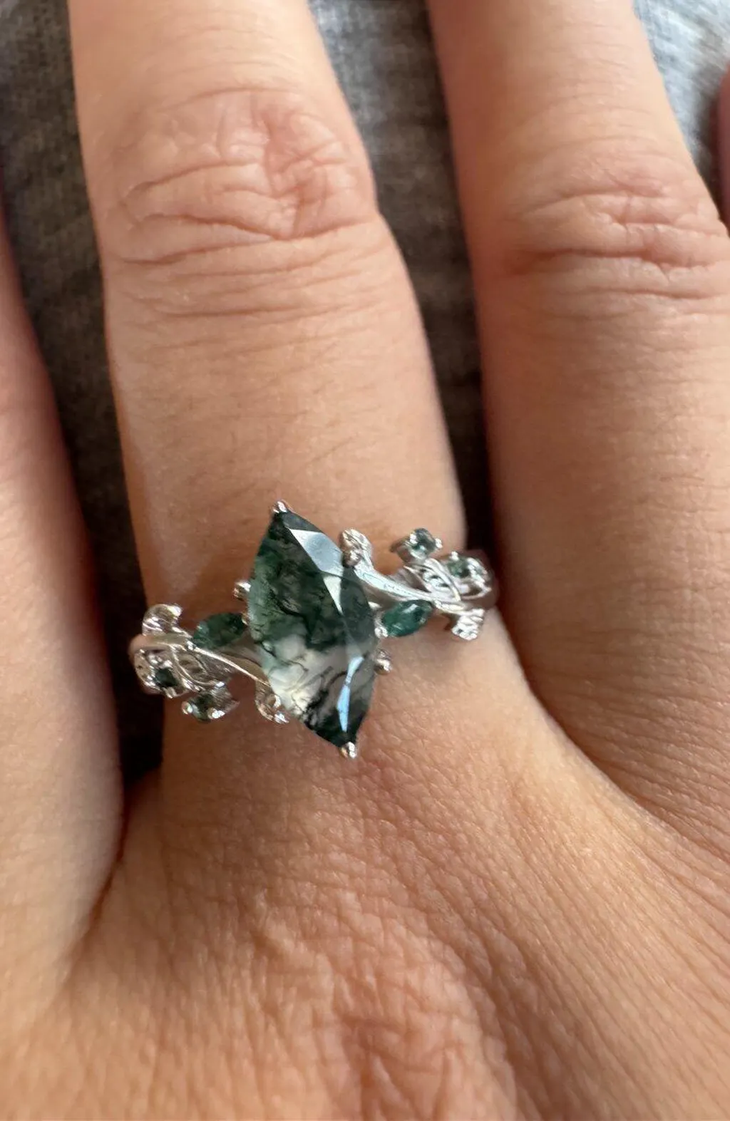 Celandine’s Twine | Marquise Moss Agate Leafy Twist Engagement Ring