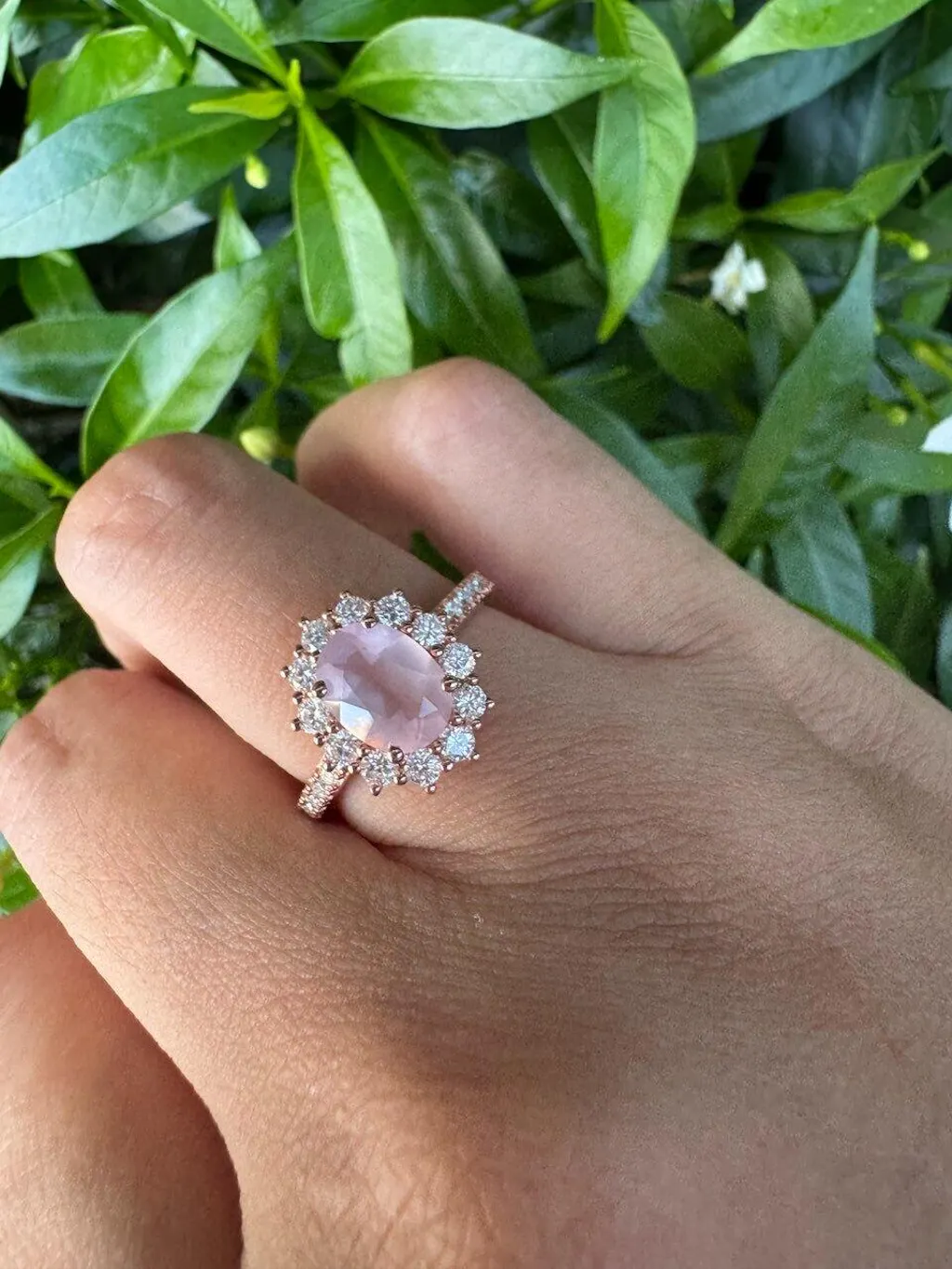 Rosalind’s Blush | Rose Quartz Halo Engagement Ring