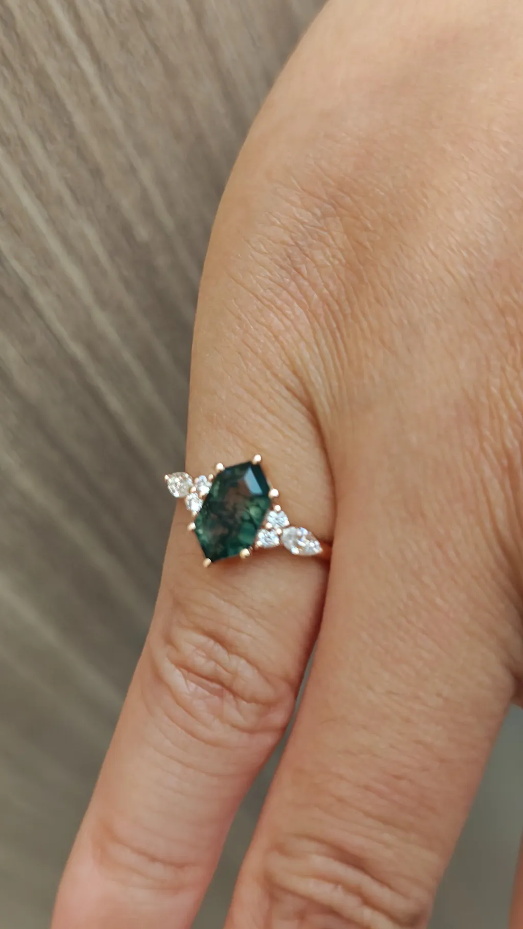 Aria‘s Tessera | Geometric Hexagon Moss Agate Marquise Engagement Ring