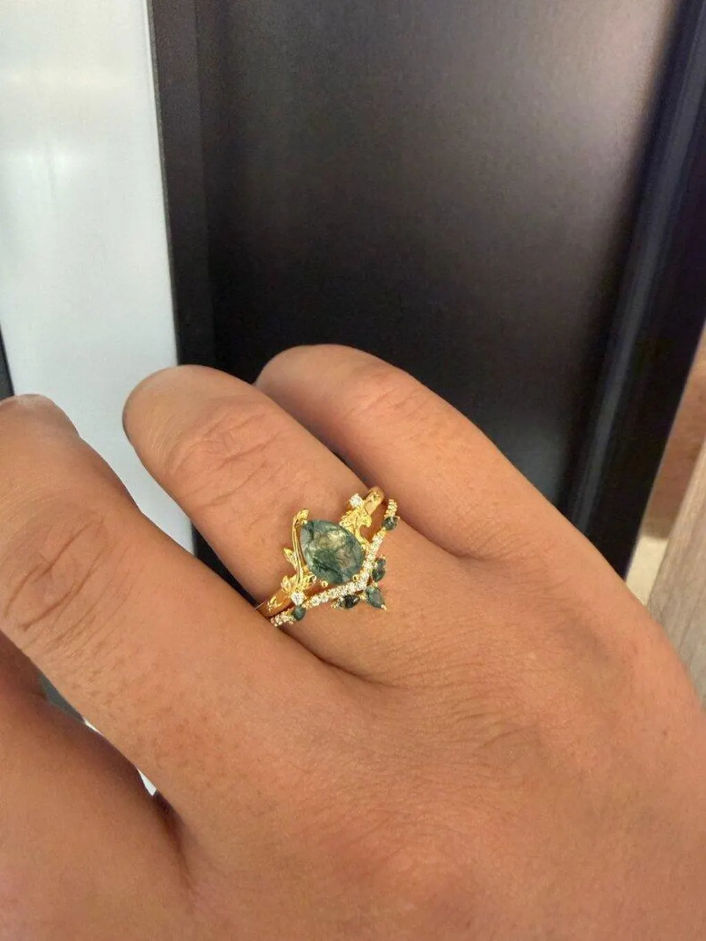 Rosalind’s Tangle | Pear Cut Moss Agate Vine Engagement Ring Set 2pcs